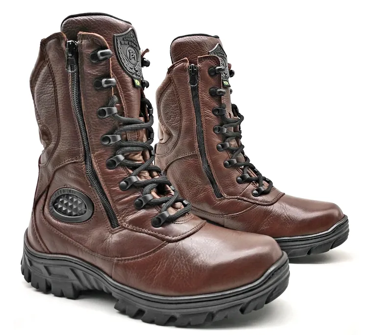 Combat Boots Brown Genuine Leather Tactical Military Zipper