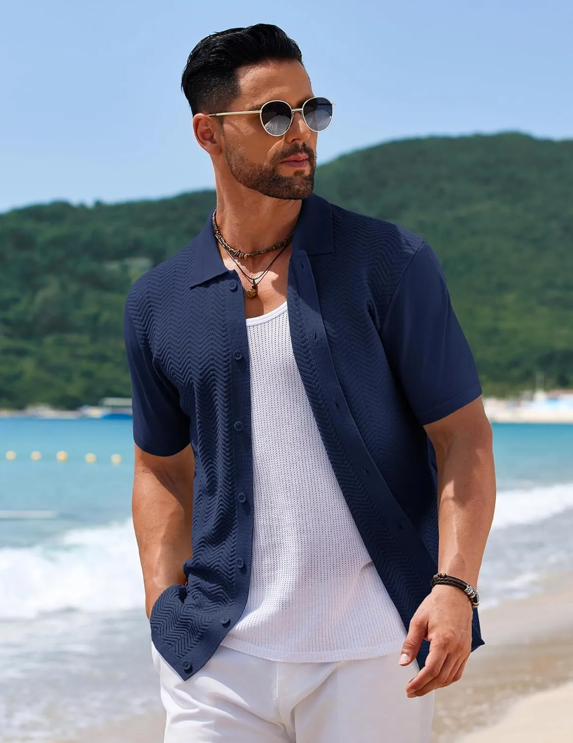 COOFANDY Mens Knit Short Sleeve Shirt Casual Button Down Shirt Vintage Fashion Polo Shirts Crochet Summer Beach Shirts