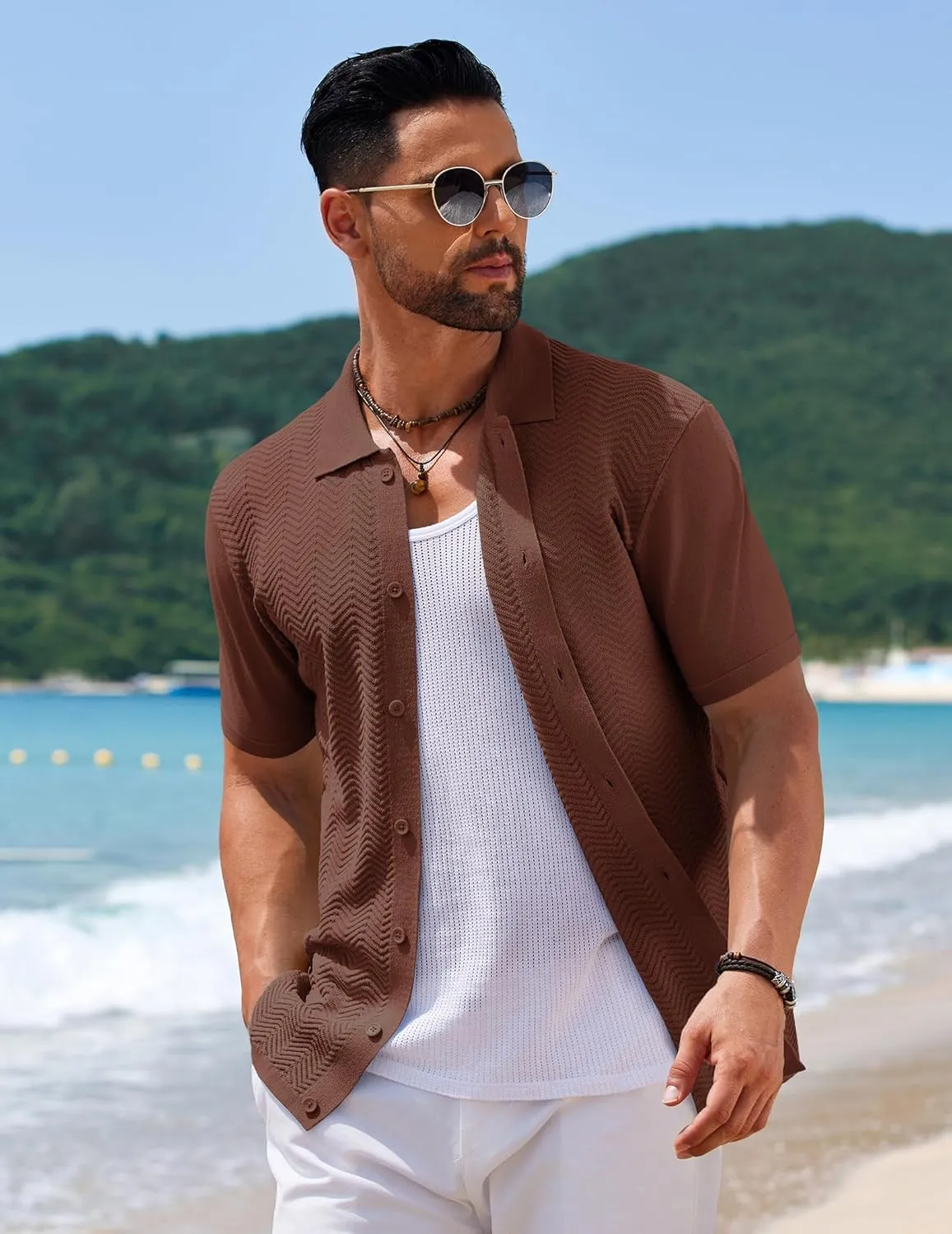 COOFANDY Mens Knit Short Sleeve Shirt Casual Button Down Shirt Vintage Fashion Polo Shirts Crochet Summer Beach Shirts