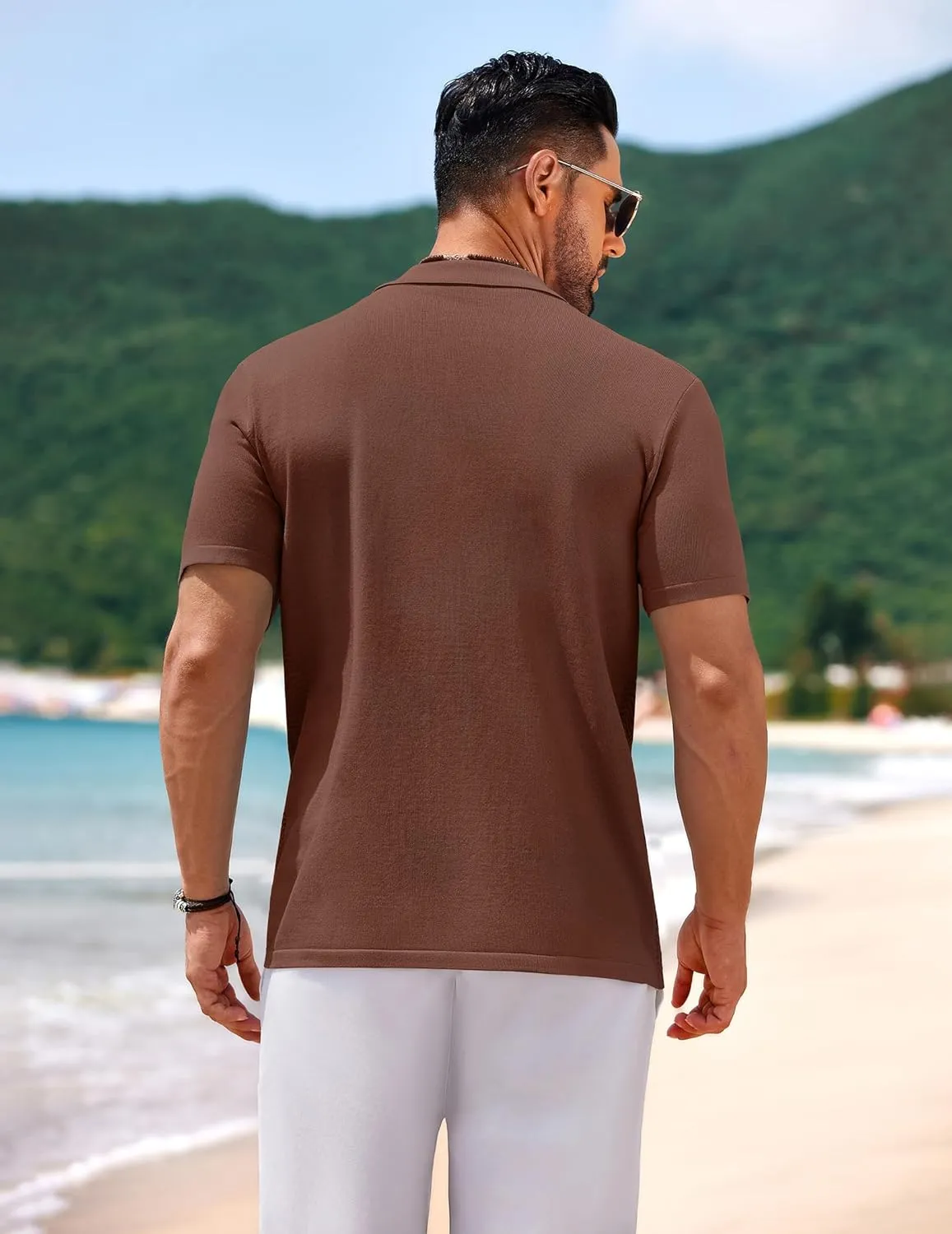 COOFANDY Mens Knit Short Sleeve Shirt Casual Button Down Shirt Vintage Fashion Polo Shirts Crochet Summer Beach Shirts