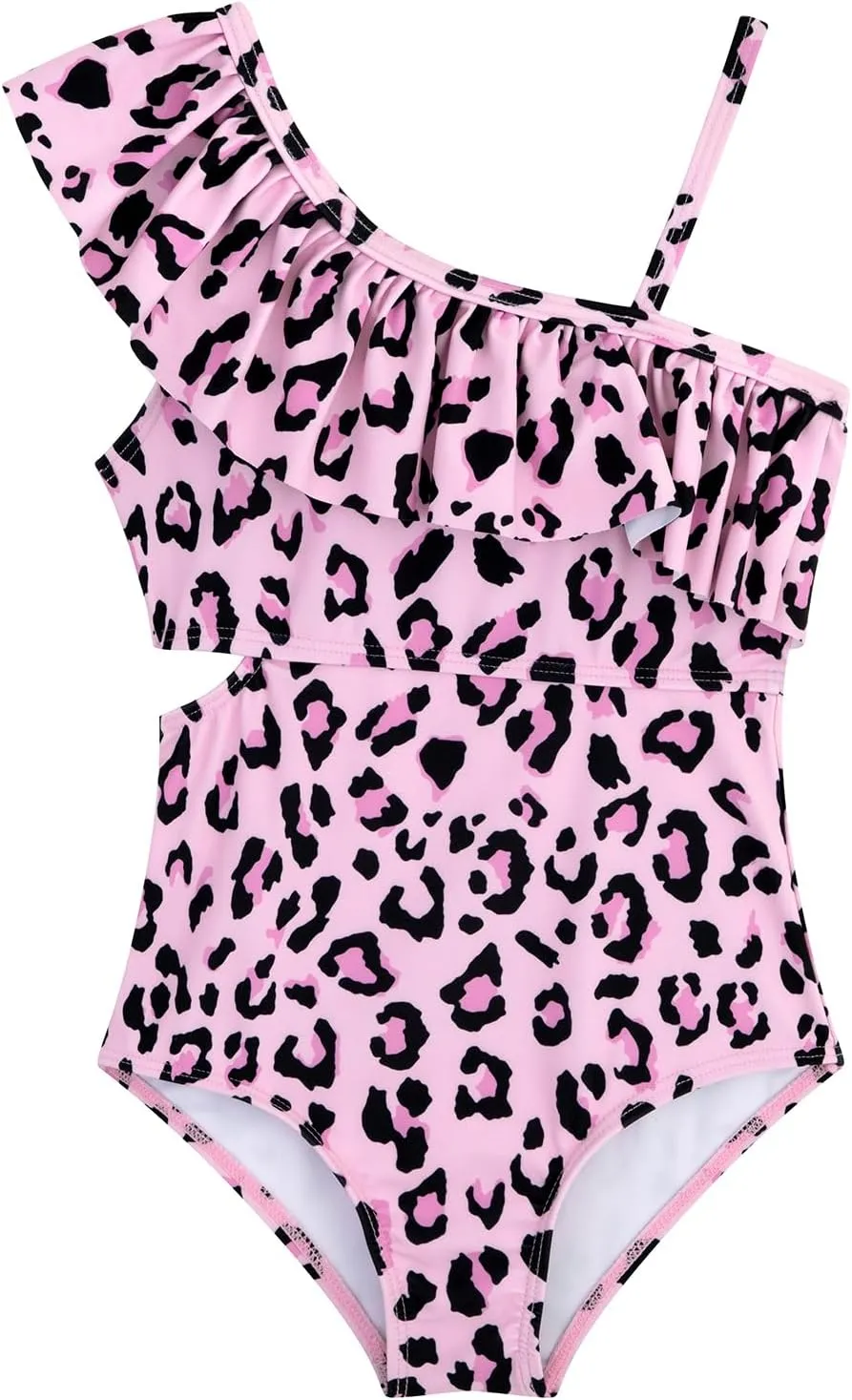 Girls One Piece Swimsuits Cutout Ruffle Bathing Suit Quick Dry Beach Swimwear with Adjustable Strap 5-14 Years
