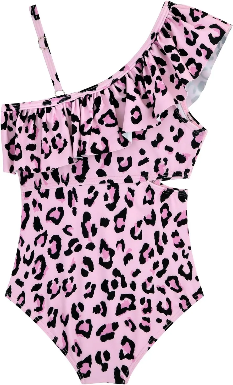 Girls One Piece Swimsuits Cutout Ruffle Bathing Suit Quick Dry Beach Swimwear with Adjustable Strap 5-14 Years