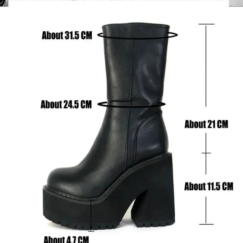 Goth Platform High Heels Zip Chunky Women's Boots Black Punk Thick Bottom Motorcycle Boots Cosplay Y2K Casual Shoes