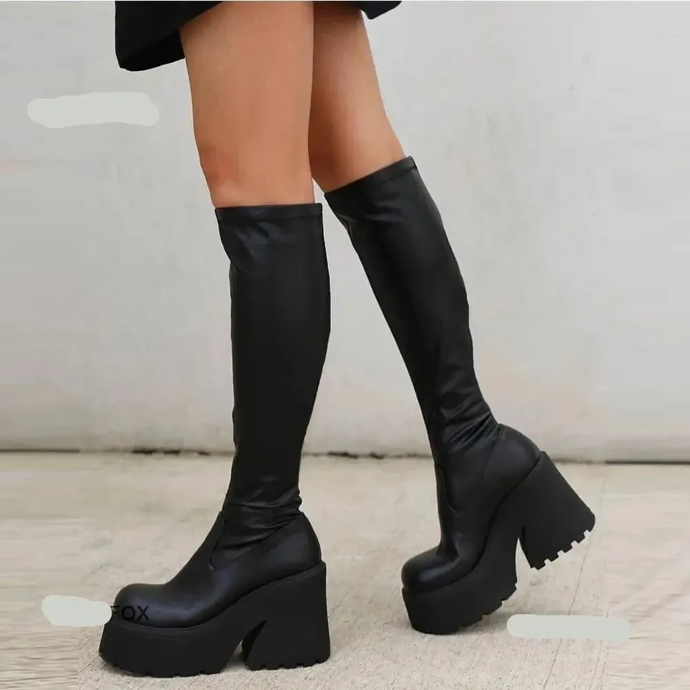 Goth Platform High Heels Zip Chunky Women's Boots Black Punk Thick Bottom Motorcycle Boots Cosplay Y2K Casual Shoes