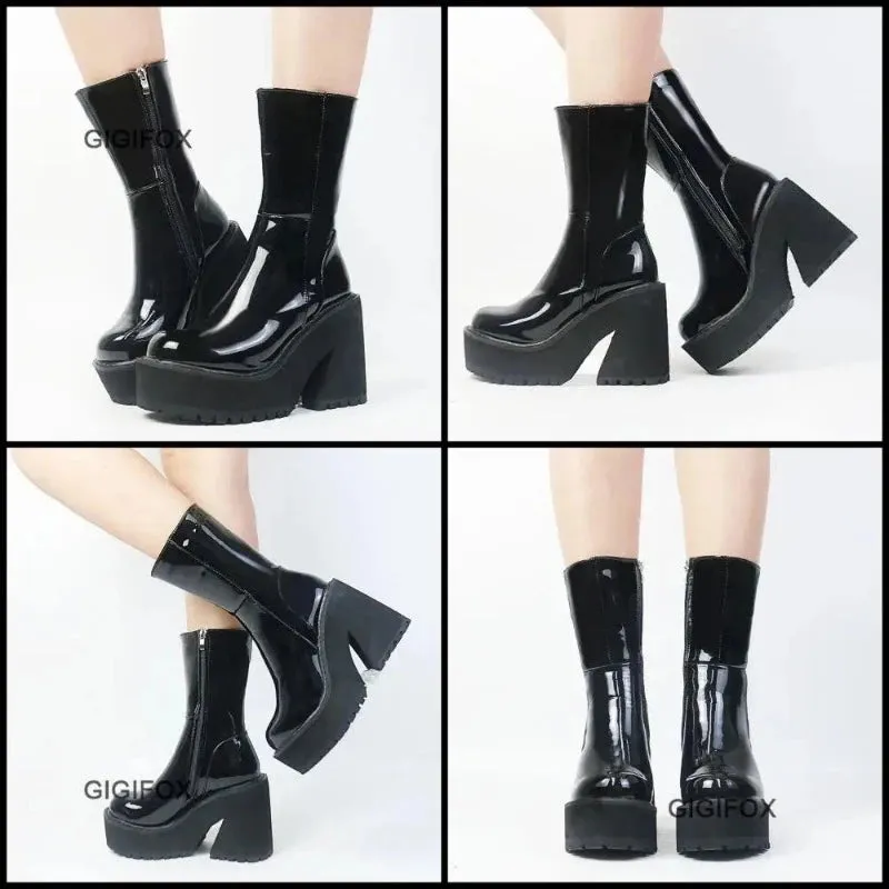 Goth Platform High Heels Zip Chunky Women's Boots Black Punk Thick Bottom Motorcycle Boots Cosplay Y2K Casual Shoes