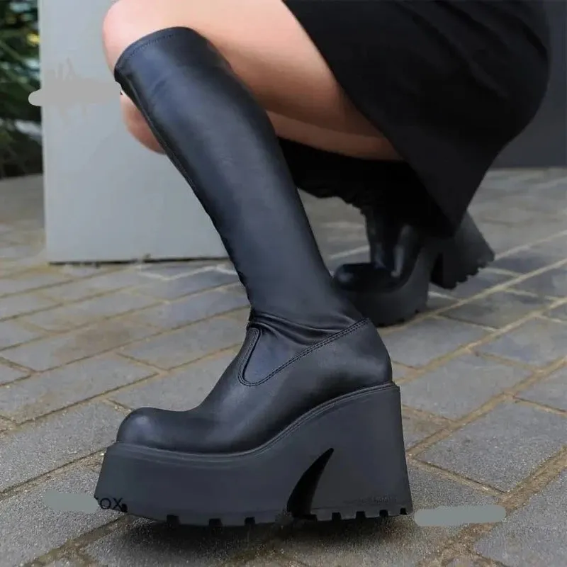 Goth Platform High Heels Zip Chunky Women's Boots Black Punk Thick Bottom Motorcycle Boots Cosplay Y2K Casual Shoes