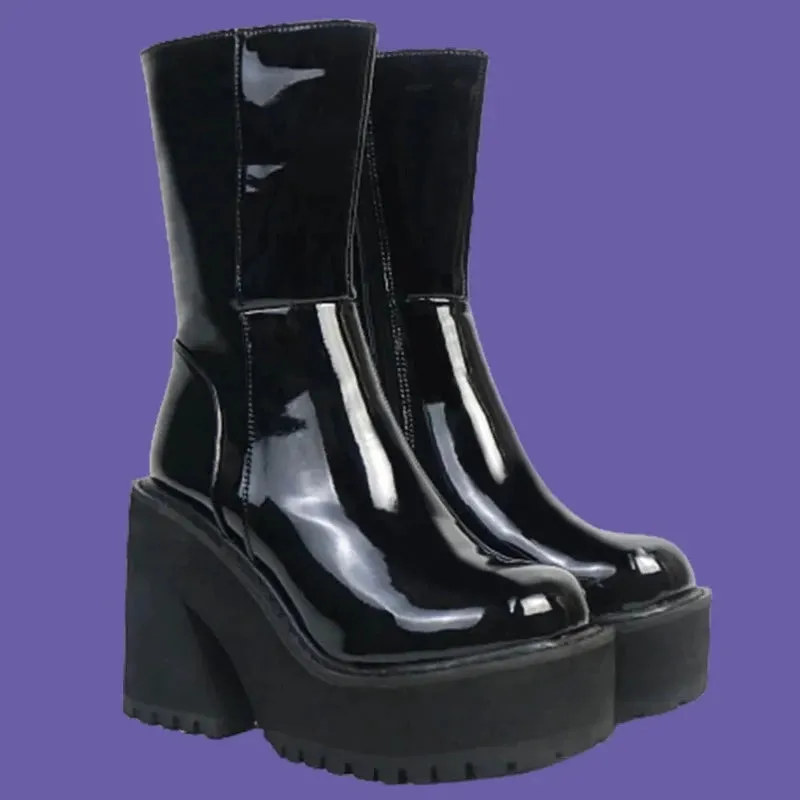 Goth Platform High Heels Zip Chunky Women's Boots Black Punk Thick Bottom Motorcycle Boots Cosplay Y2K Casual Shoes