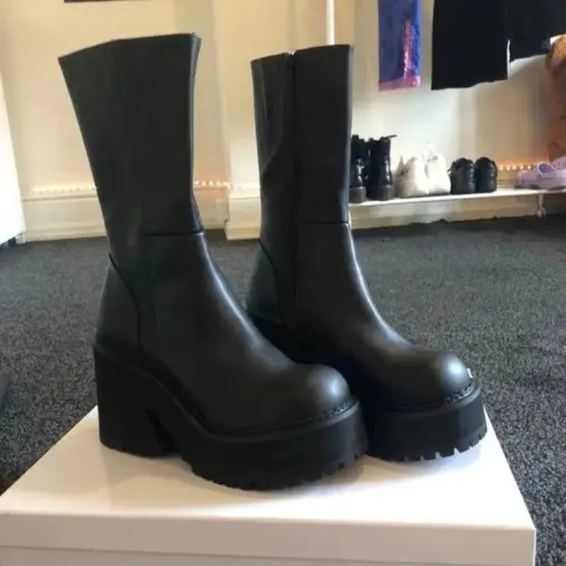 Goth Platform High Heels Zip Chunky Women's Boots Black Punk Thick Bottom Motorcycle Boots Cosplay Y2K Casual Shoes