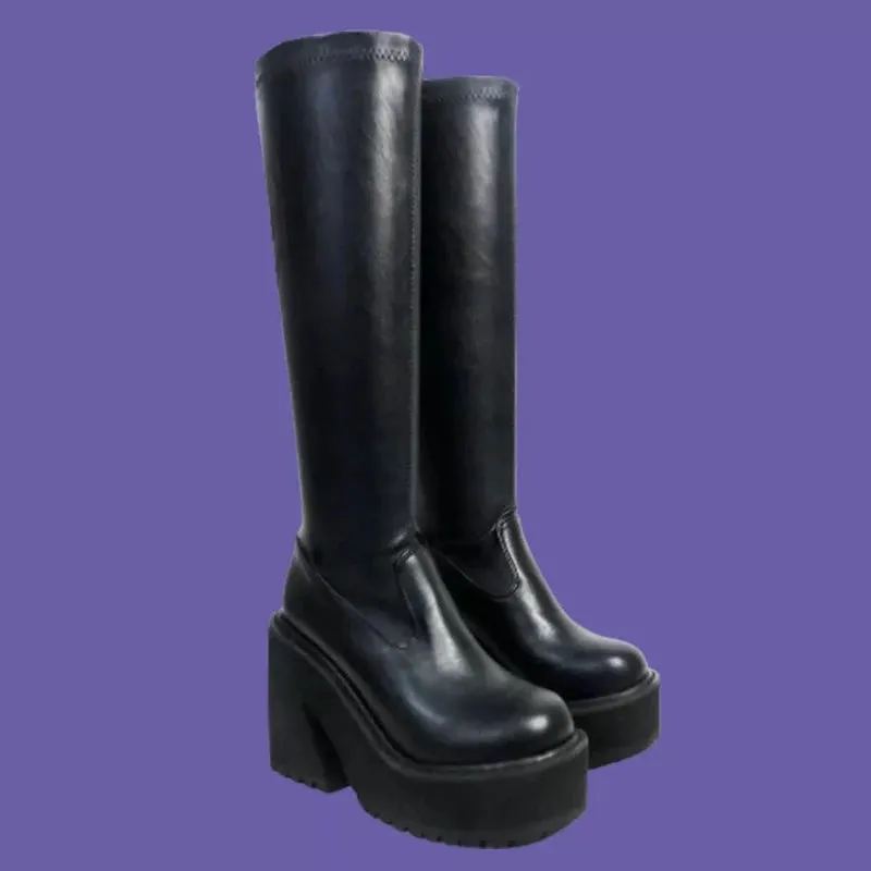 Goth Platform High Heels Zip Chunky Women's Boots Black Punk Thick Bottom Motorcycle Boots Cosplay Y2K Casual Shoes