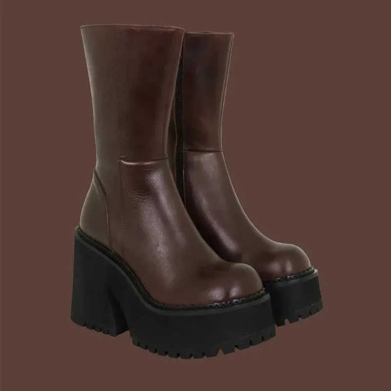 Goth Platform High Heels Zip Chunky Women's Boots Black Punk Thick Bottom Motorcycle Boots Cosplay Y2K Casual Shoes