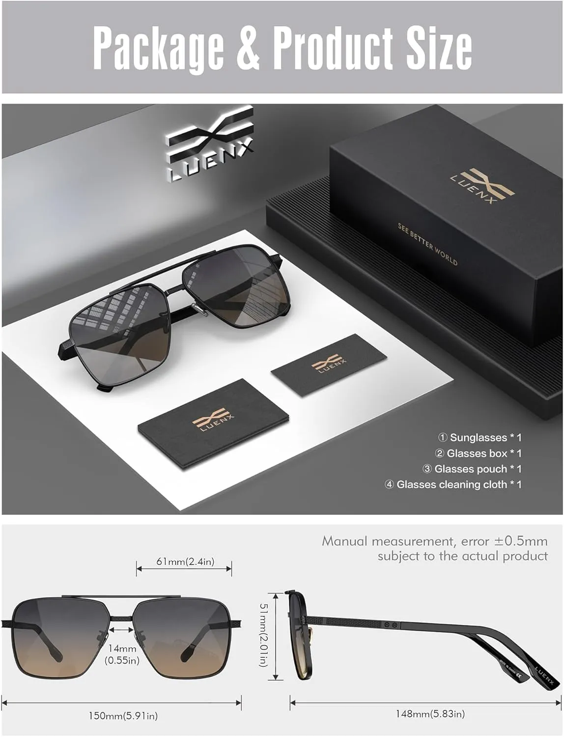 LUENX Polarized Square Aviator Sunglasses for Men,Trendy Retro Oversized Rectangular Frame UV400 Protection