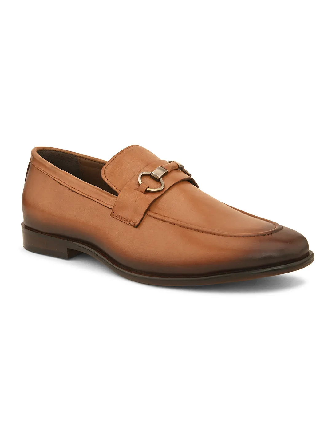 Pelle Albero Tan Leather Slip on Handcrafted Round Formal Shoes For Men
