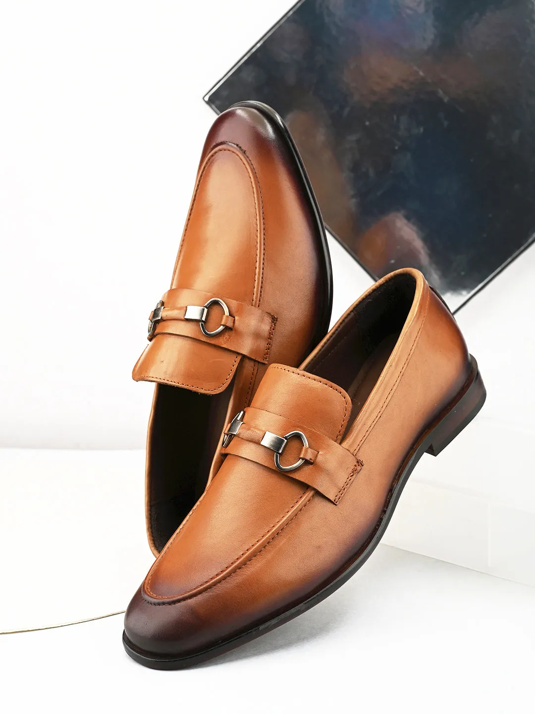 Pelle Albero Tan Leather Slip on Handcrafted Round Formal Shoes For Men