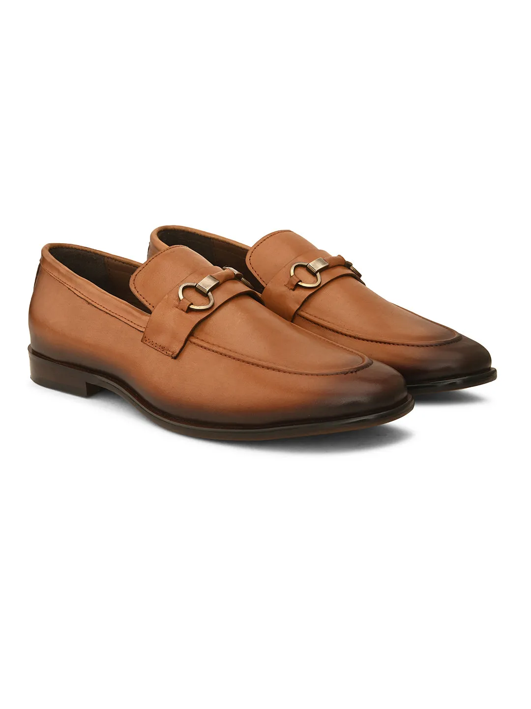 Pelle Albero Tan Leather Slip on Handcrafted Round Formal Shoes For Men
