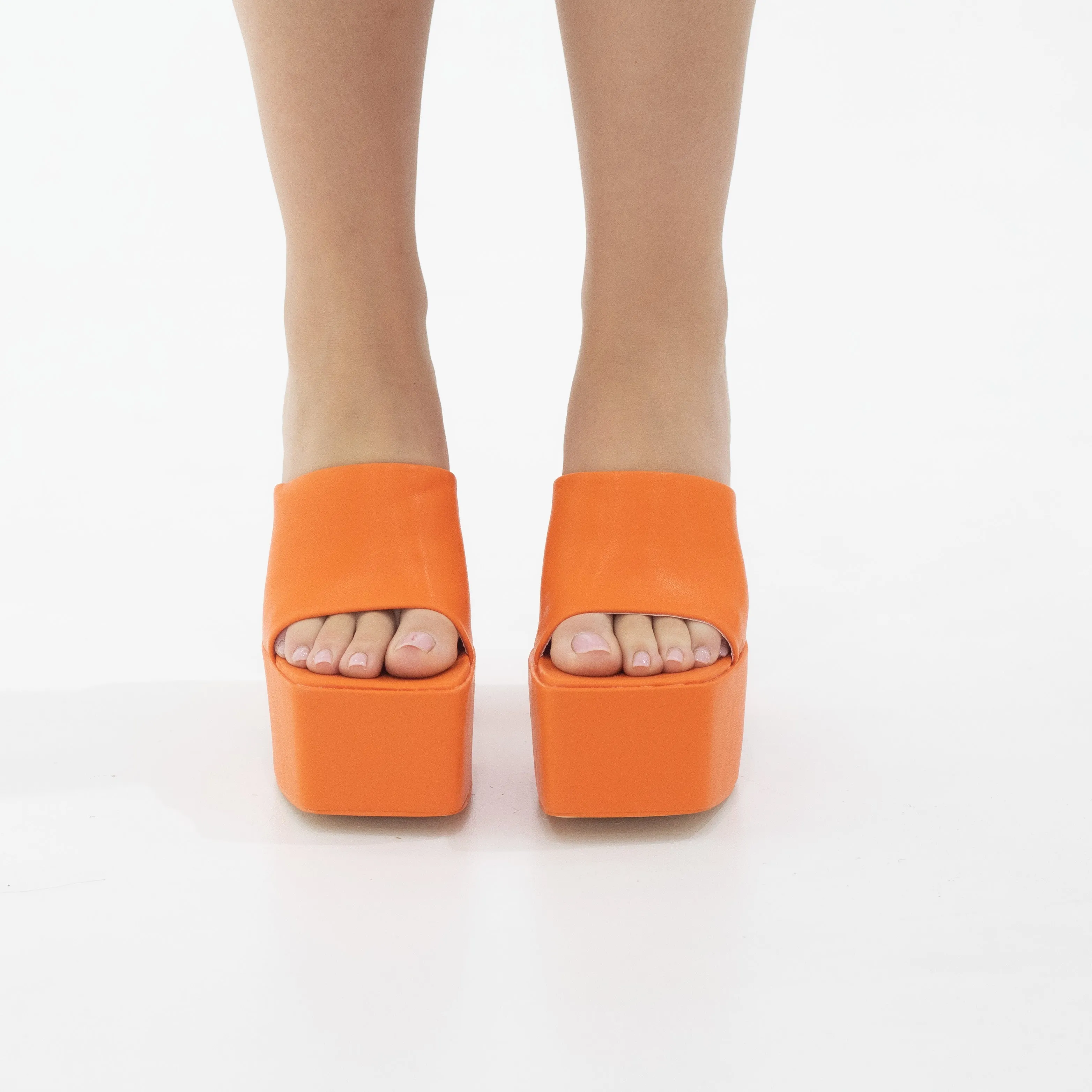 Porto platform slide on 14cm thick heel PU orange