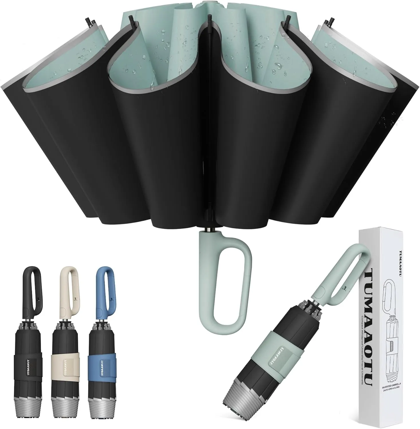 QWB TUMAAOTU Inverted Umbrella with Carabiner Handle, Wind Proof Umbrellas For Rain and Sun, 46 Inch Portable Reverse Folding UV Umbrella, Car Umbrella for Women Men, 10 Ribs