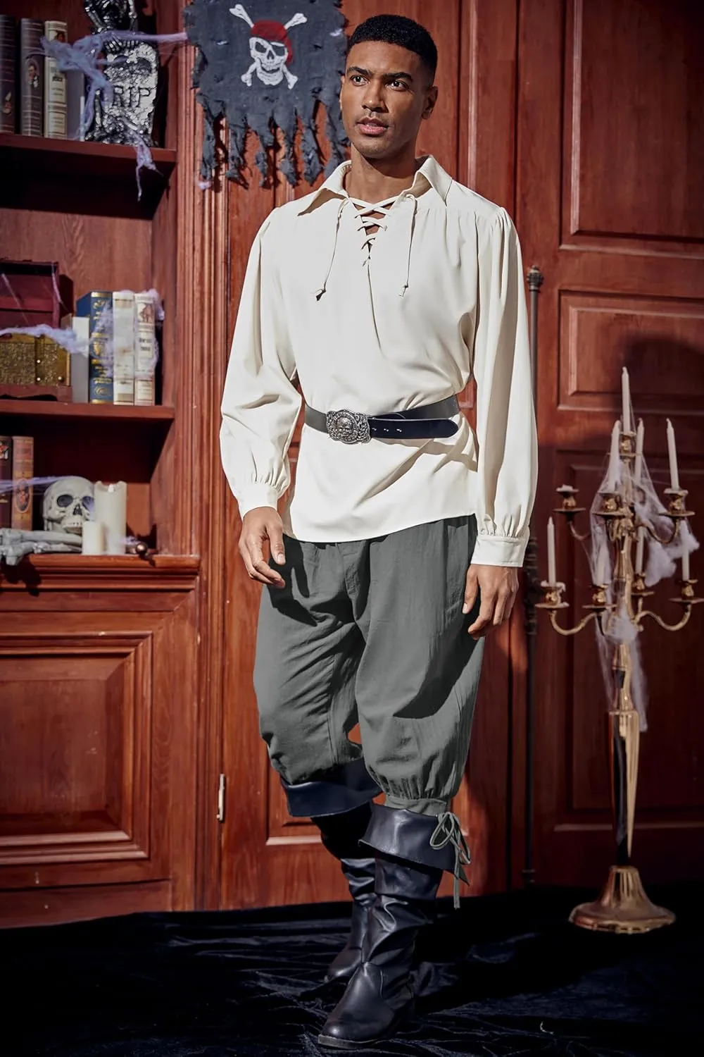 Runcati Mens Medieval Ankle Pants Renaissance Viking Pirate Lace Up Tapered Halloween Linen Costume Trousers