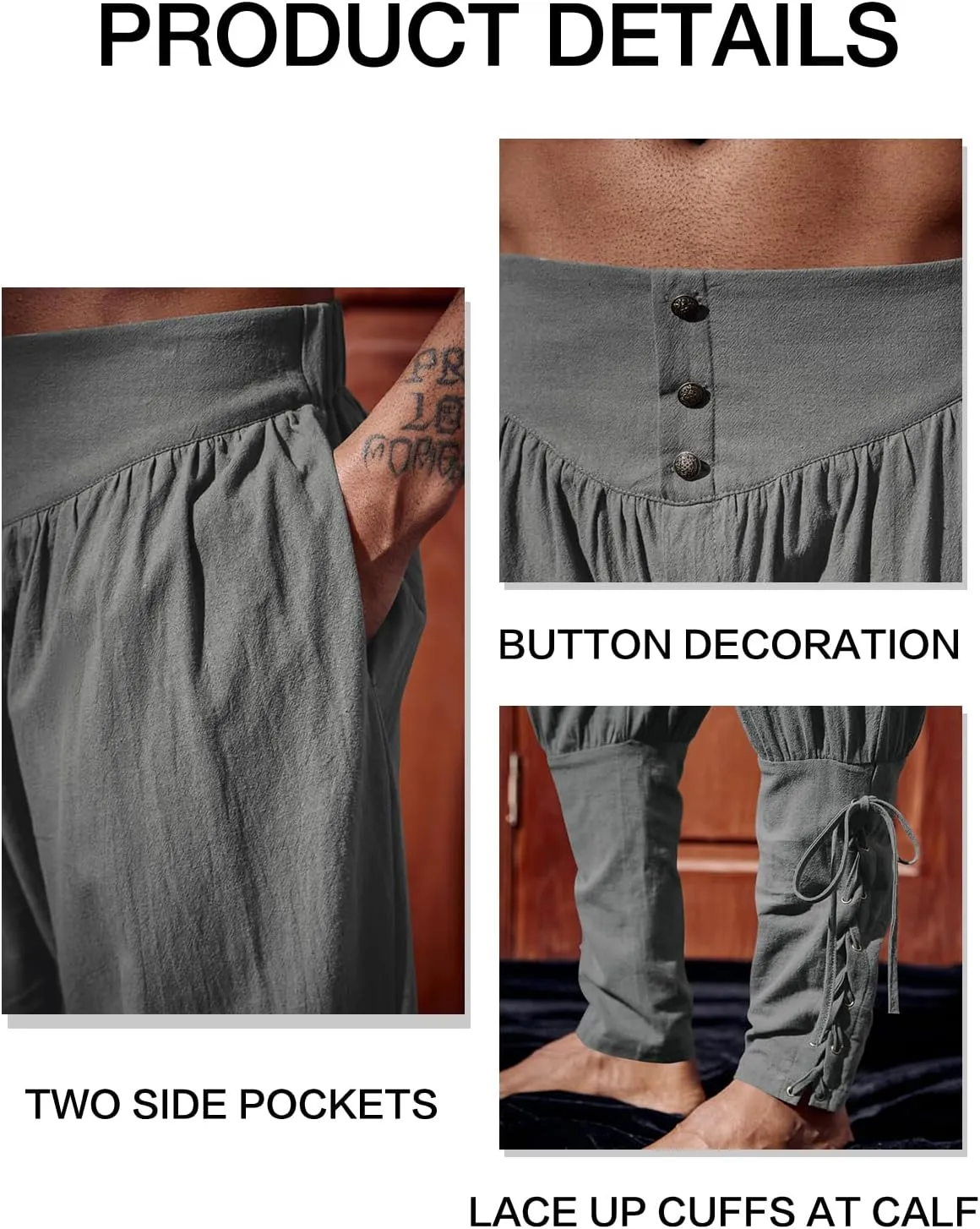 Runcati Mens Medieval Ankle Pants Renaissance Viking Pirate Lace Up Tapered Halloween Linen Costume Trousers