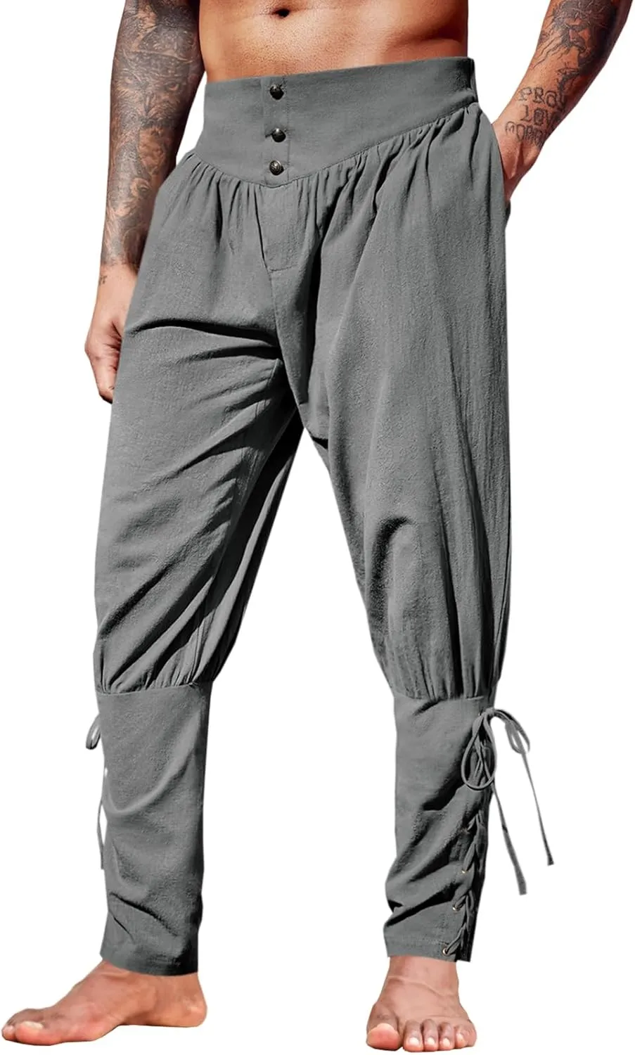 Runcati Mens Medieval Ankle Pants Renaissance Viking Pirate Lace Up Tapered Halloween Linen Costume Trousers