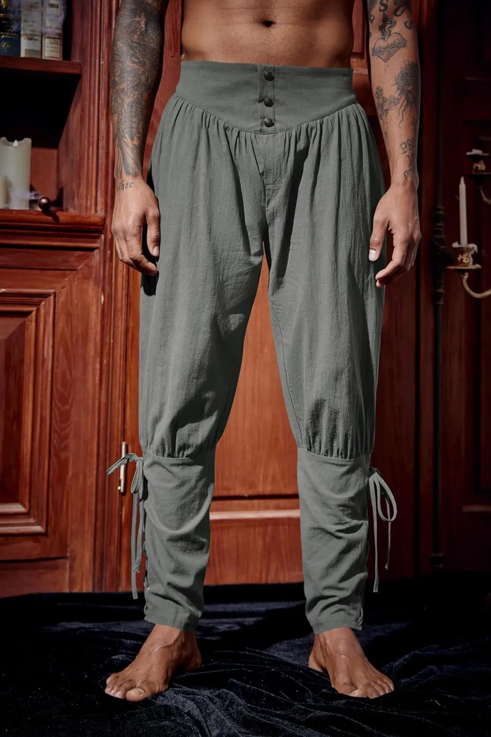 Runcati Mens Medieval Ankle Pants Renaissance Viking Pirate Lace Up Tapered Halloween Linen Costume Trousers