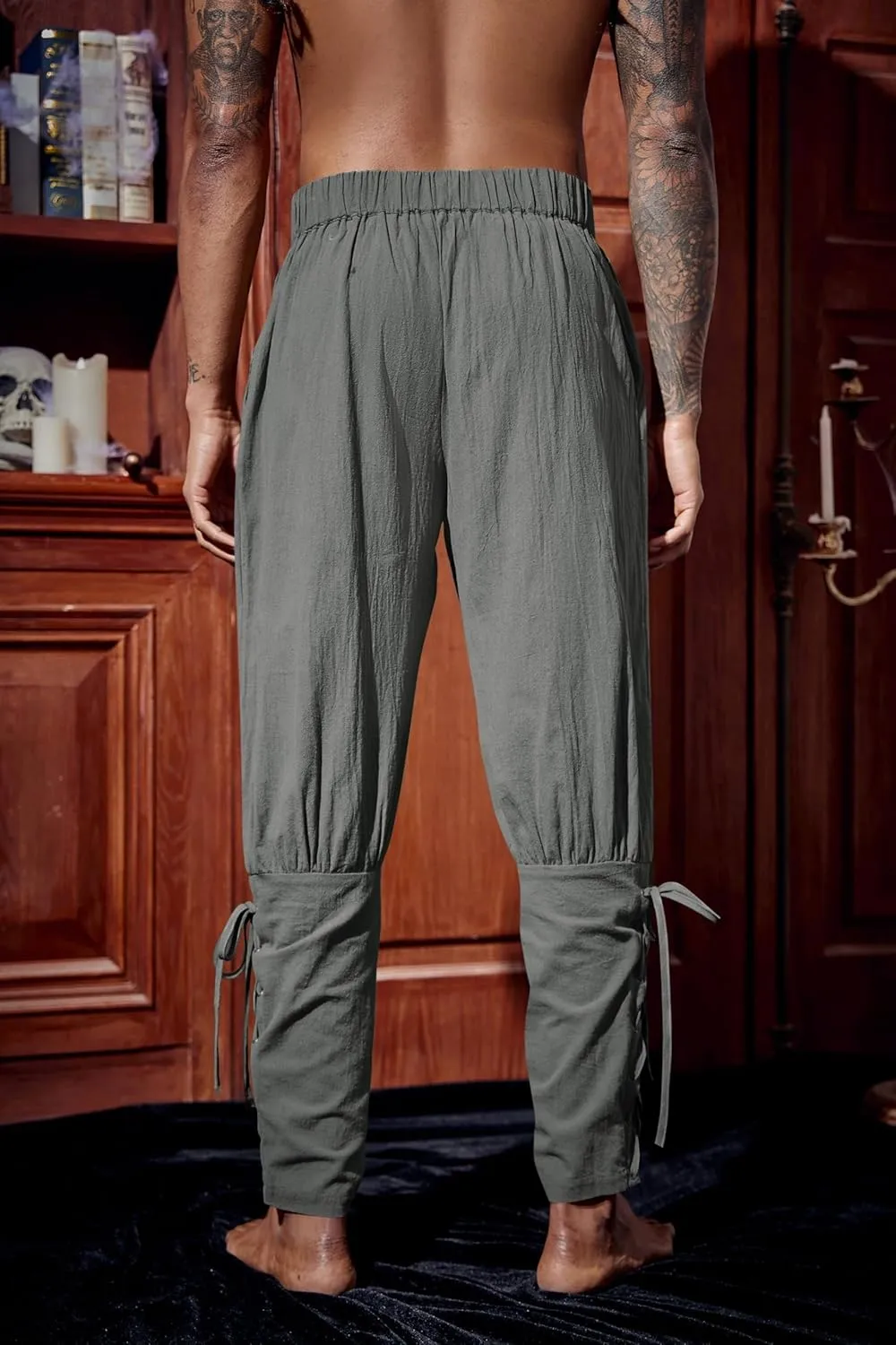 Runcati Mens Medieval Ankle Pants Renaissance Viking Pirate Lace Up Tapered Halloween Linen Costume Trousers