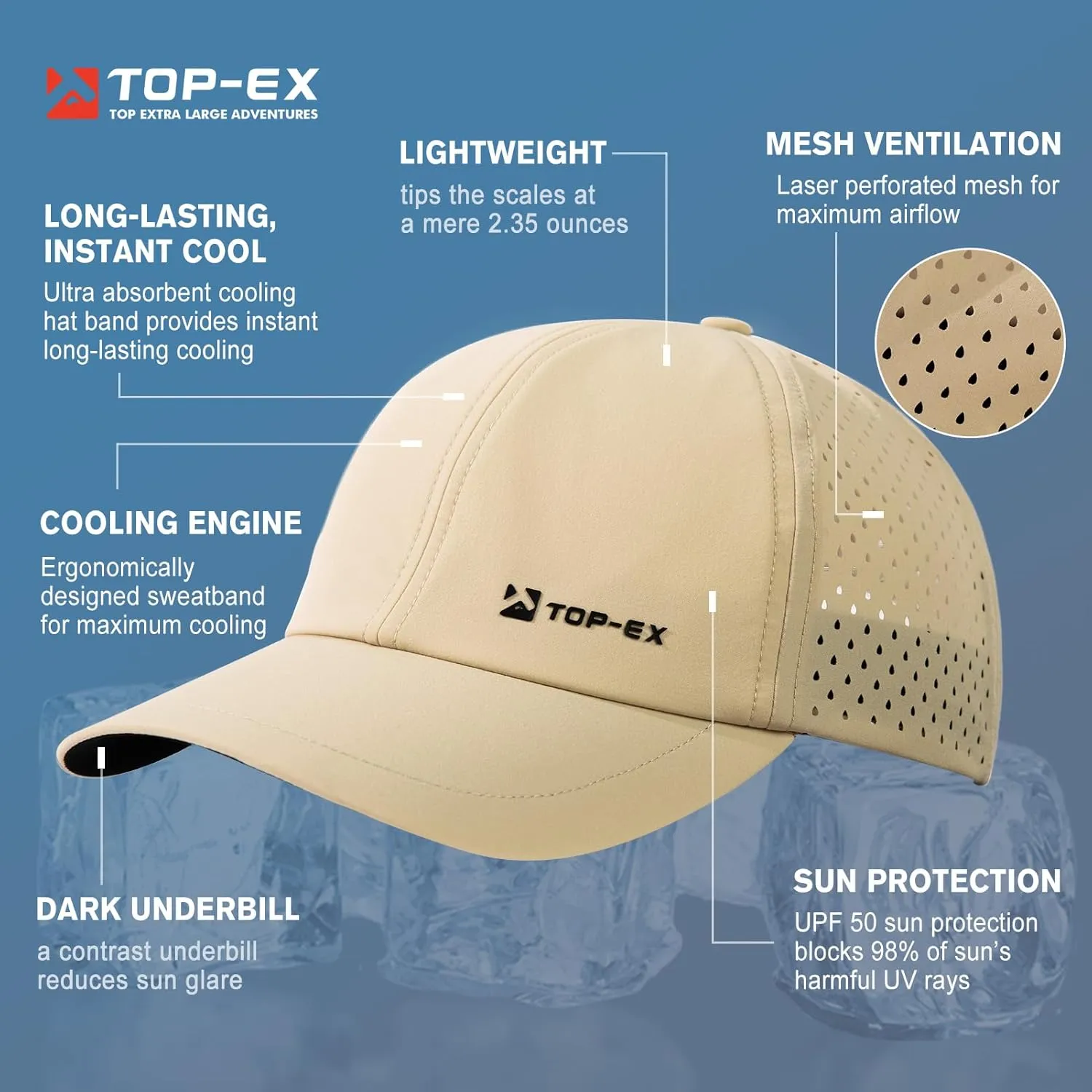 TOP-EX Oversized XL XXL Unstructured Running Breathable Mesh Quick Dry Waterproof Cooling Sweatband Baseball Caps Mens