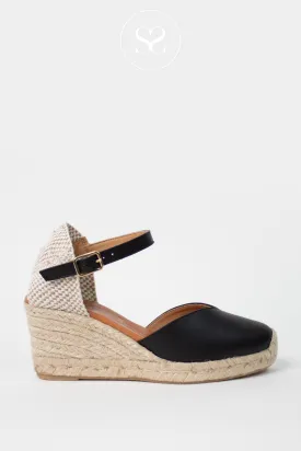 WONDERS YD-SI685 BLACK LEATHER AND JUTE WEDGE ESPADRILLE SANDALS