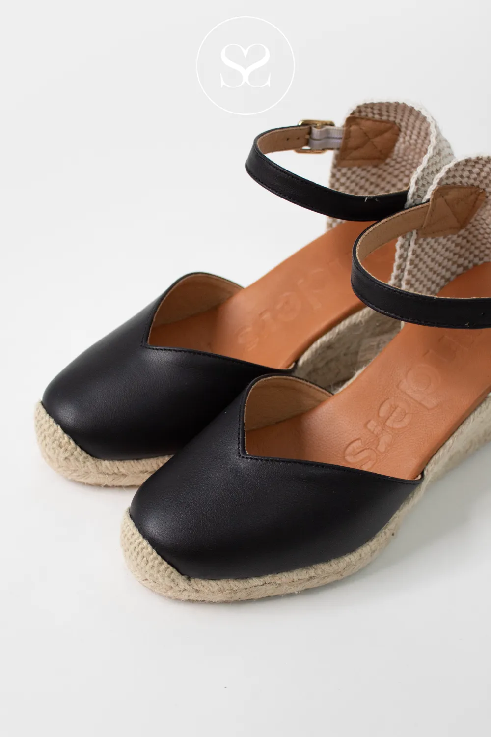 WONDERS YD-SI685 BLACK LEATHER AND JUTE WEDGE ESPADRILLE SANDALS
