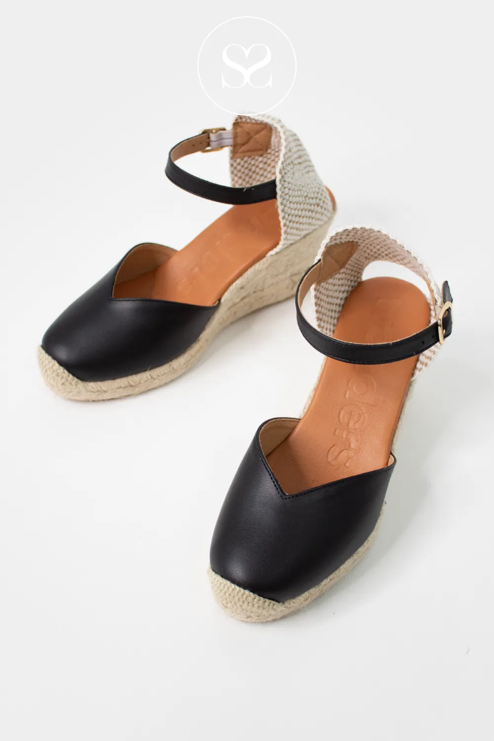 WONDERS YD-SI685 BLACK LEATHER AND JUTE WEDGE ESPADRILLE SANDALS