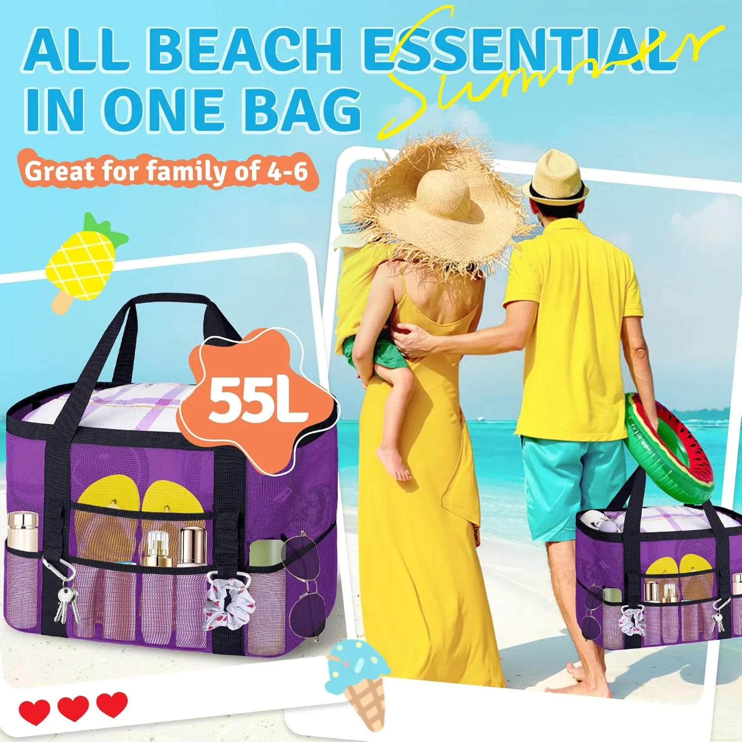 XX-Large Mesh Beach Bag Tote - 9 Pockets for Family Travel/Vacation & Beach Essentials, Foldable & Lightwiht