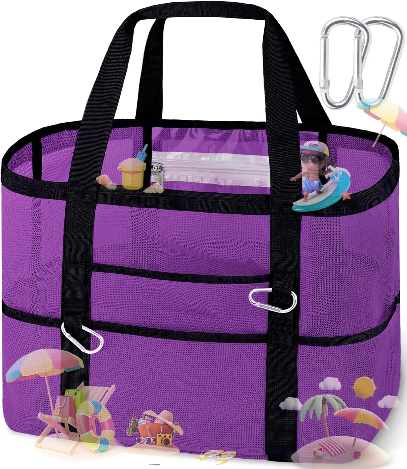 XX-Large Mesh Beach Bag Tote - 9 Pockets for Family Travel/Vacation & Beach Essentials, Foldable & Lightwiht