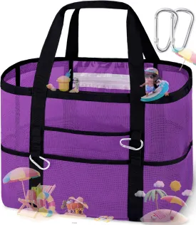 XX-Large Mesh Beach Bag Tote - 9 Pockets for Family Travel/Vacation & Beach Essentials, Foldable & Lightwiht